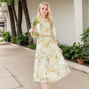 Flower Silk Dress Women's Slim Printed Mid-length Real Silk Life L-XL SK2